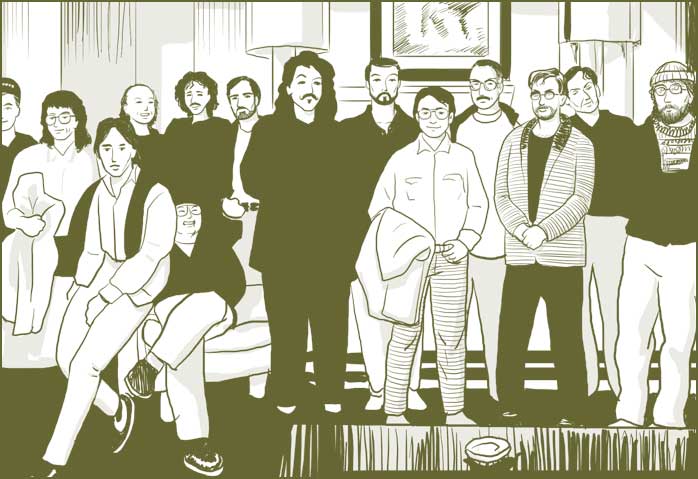  Drawn group shot of the Summit participants from Reinventing Comics, Chapter Two.  Left to Right: Ken Mitchroney, Mark Martin, Michael Dooney, Steve Lavigne, Peter Laird (sitting), Kevin Eastman, Ryan Brown, Michael Zulli, Richard Pini, Me { Scott McCloud } , Larry Marder, Dave Sim, Rick Veitch, and Steve Bissette. Not pictured: Eric Talbot and Gerhard (one of whom probably took the photo, but I can't remember). 